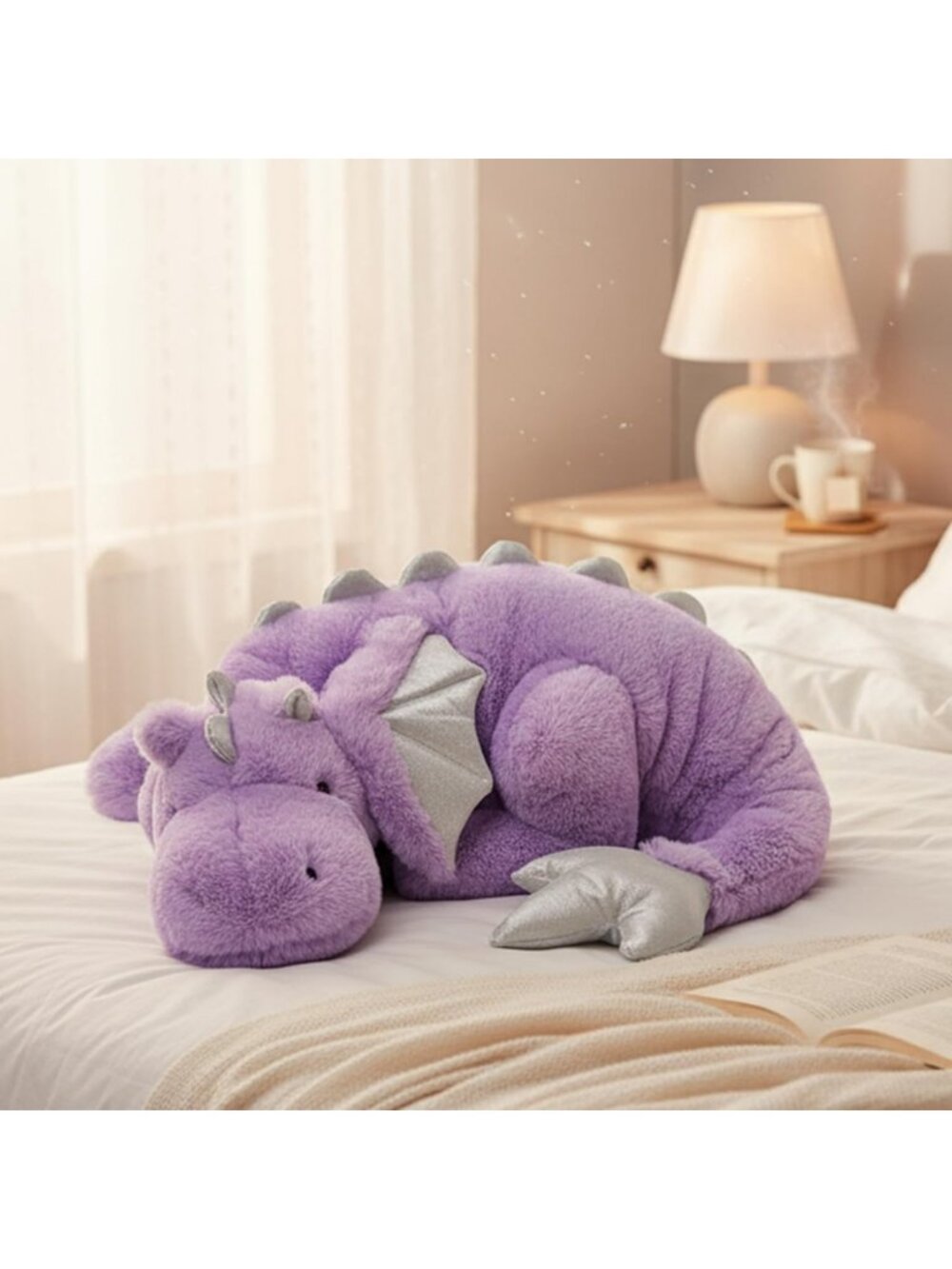 Large 36in Cute Purple Dragon Plush Toy - Soft Giant Dinosaur Pillow with Wings